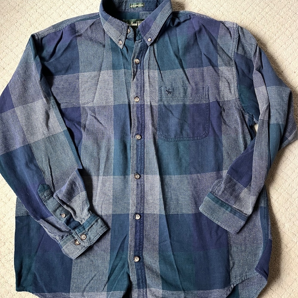 Kings Road Tailors Cotton Linen Button Down Shirt Mens L Blue Green Plaid Preppy